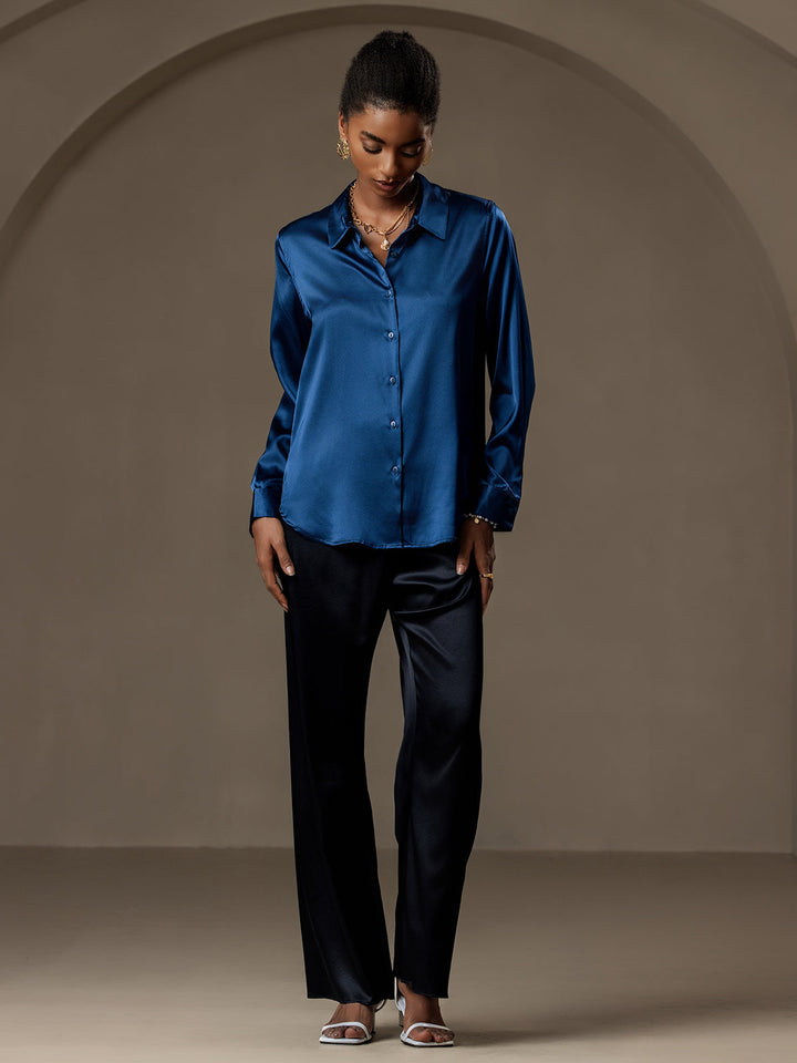 19Momme Silk Long Sleeve Lapel Collar Women's Shirt with Button Up Design