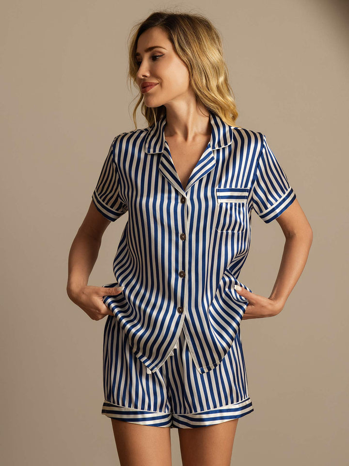 Women's Pure Silk Stripe Print Short Sleeve Notch Collar Pajamas Set With Shorts