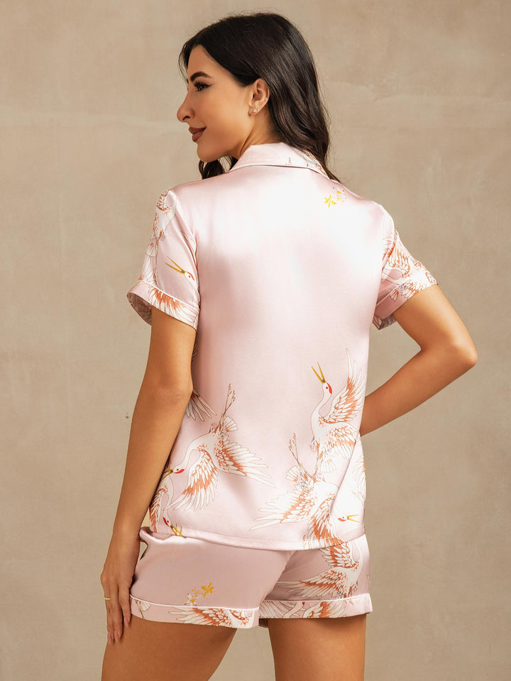 19Momme Women's Pure Silk Crane Print Short Sleeve Notch Collar Pyjamas Set