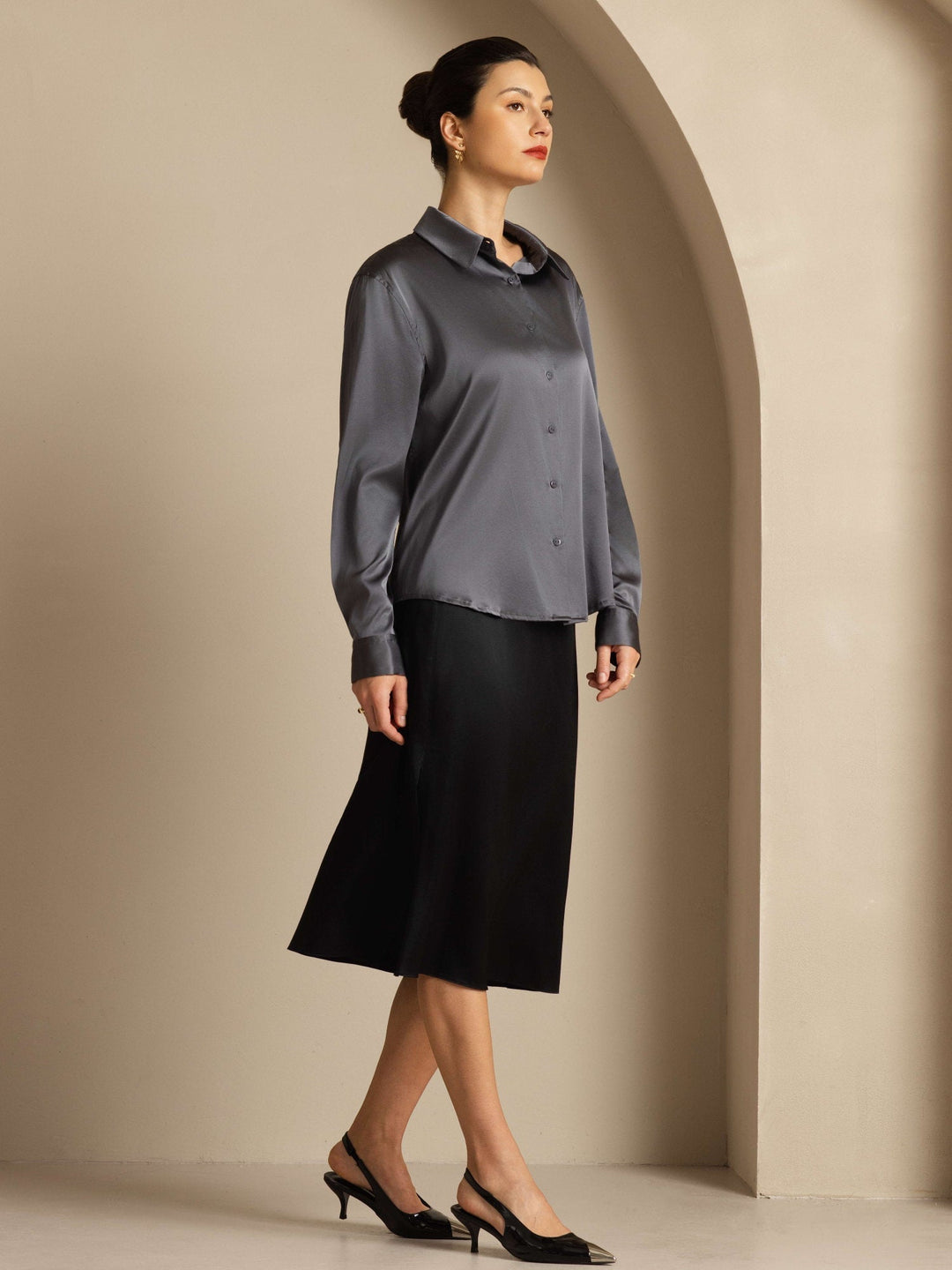 19Momme Silk Long Sleeve Lapel Collar Women's Shirt with Button Up Design