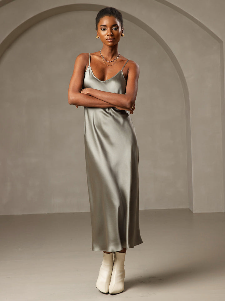 Pure Silk Spaghetti Strap V-neck Midi Nightdress