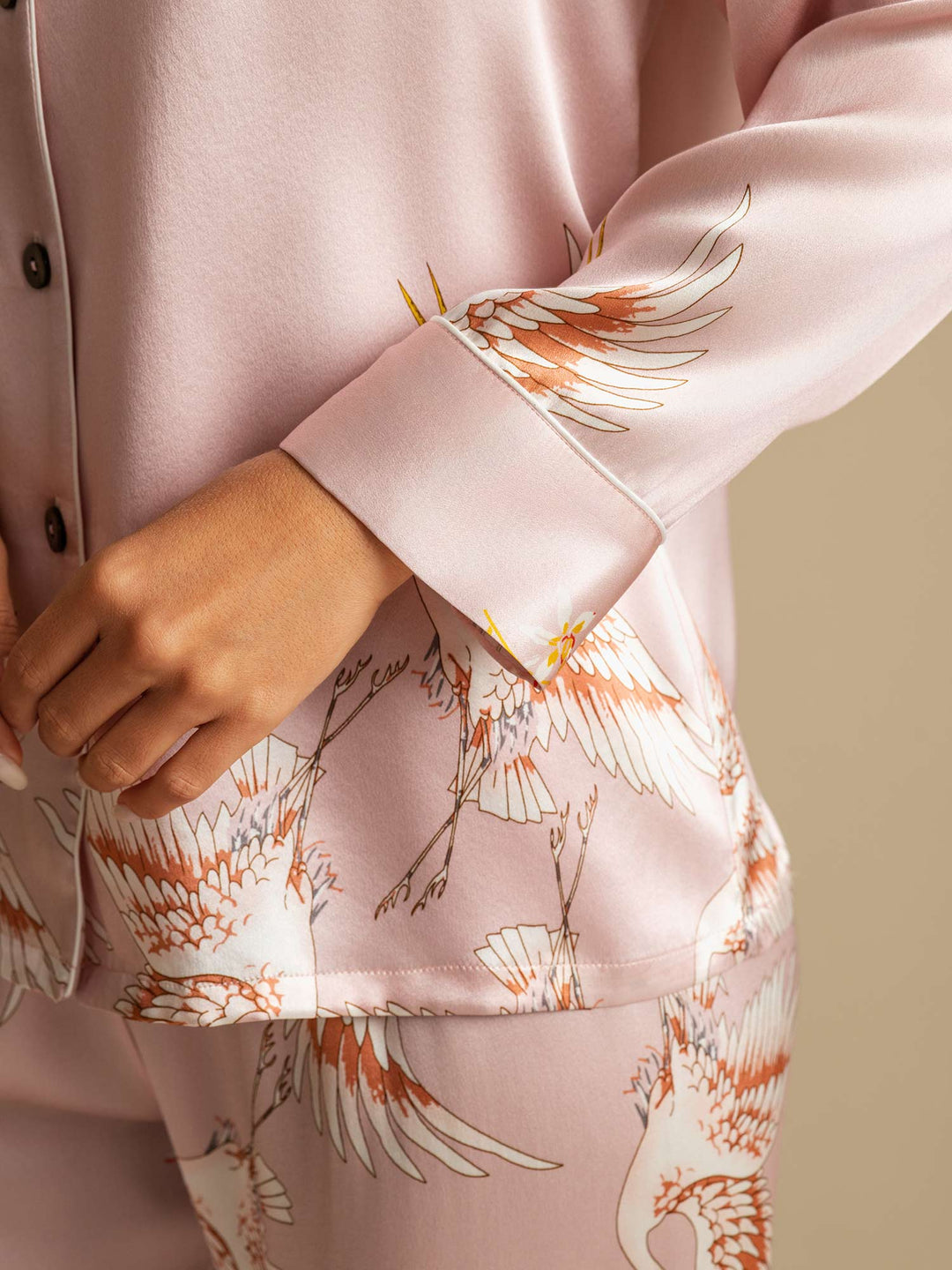 19Momme Women's Pure Silk Crane Print Long Sleeve Pyjamas Set