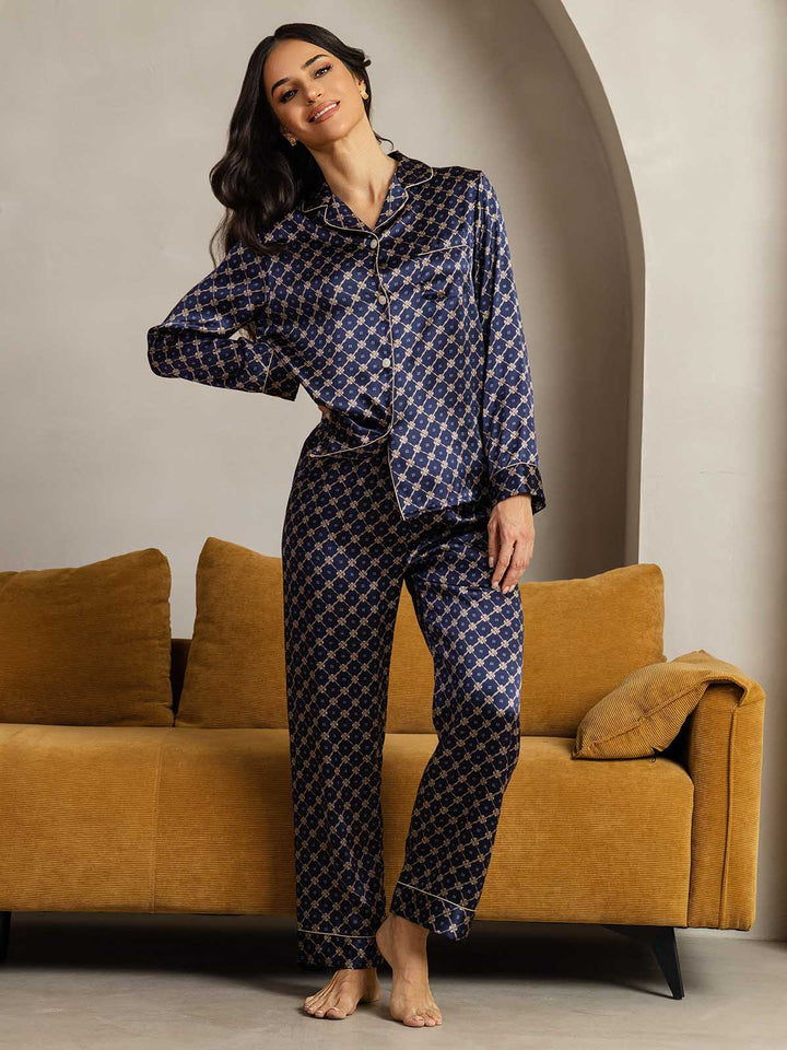 Pure Silk Navy Chain Print Long Sleeve Notch Collar Women's Pajamas Set