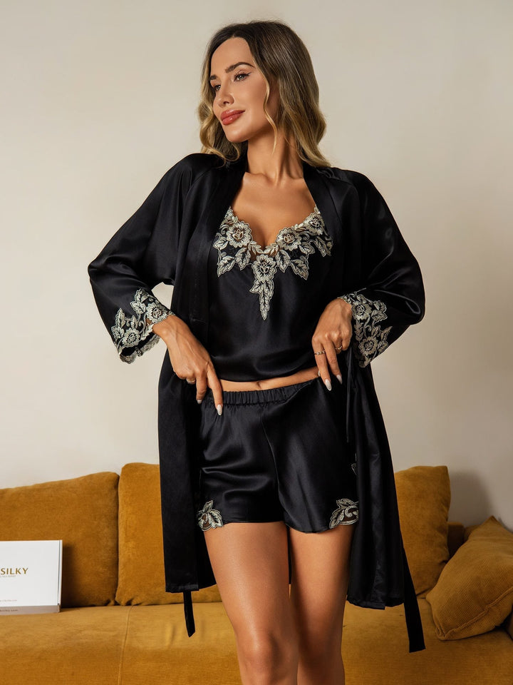 Elegant Pure Silk Lace Trimmed Robe and Camisole Set 3Pcs