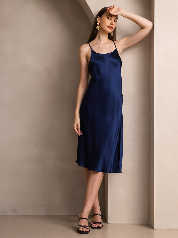 Pure Silk Spaghetti Strap U Neck Knee Dress with Split Criss Cross V-Back Design