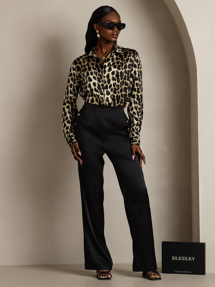 19Momme Silk Leopard Print Long Sleeve Lapel Collar Women's Shirt