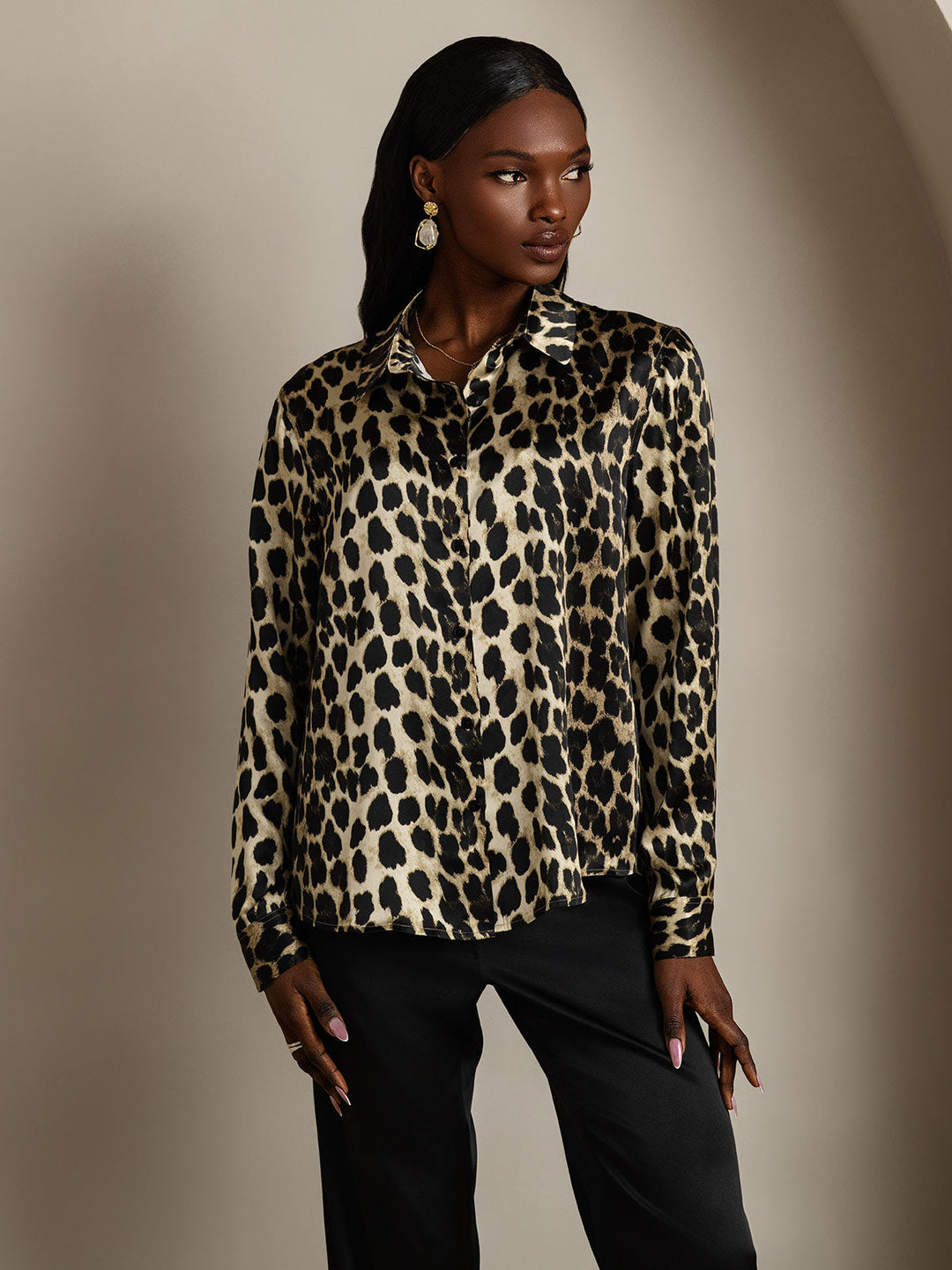 19Momme Silk Long Sleeve Lapel Collar Women's Shirt with Button Up Design