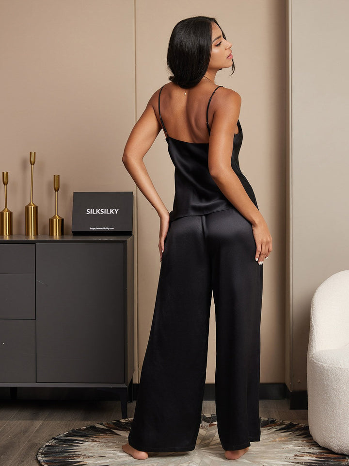 Pure Silk Spaghetti Strap V Neck Cami & Wide Leg Pants Set
