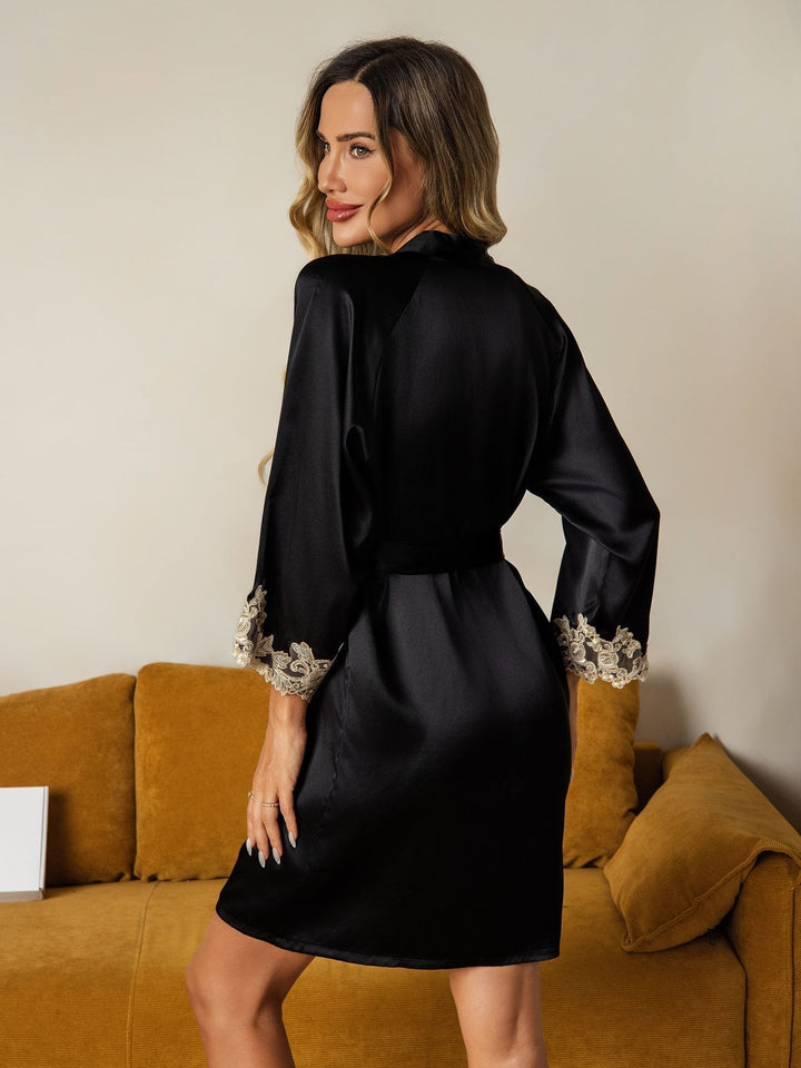 Silk Lace Cuffs Dressing Gown Wrap Kimono Belted with 3/4 Sleeves