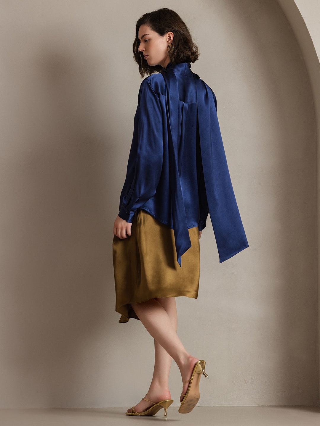 19Momme Silk Long Sleeve High Neck Bow Tie Blouse