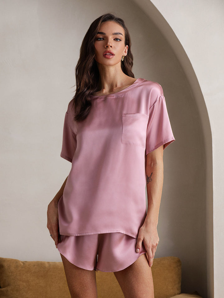 Women's Pure Silk Short Sleeve Round Neck Above the Knee Pyjamas Set