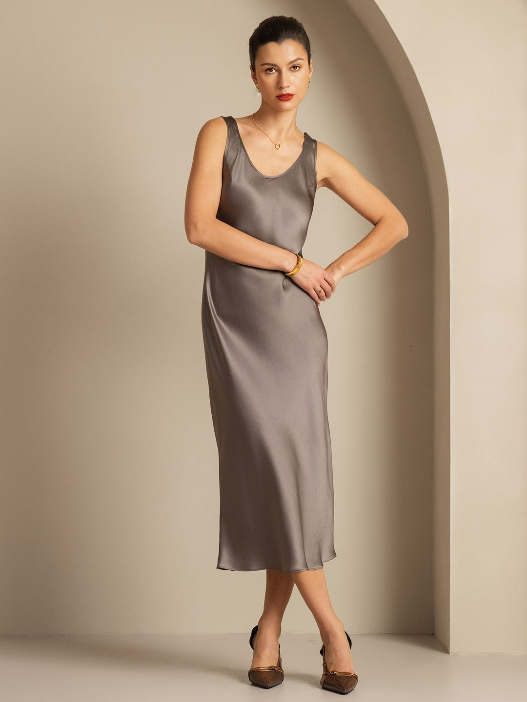 Pure Silk Sleeveless U Neck Midi Dress