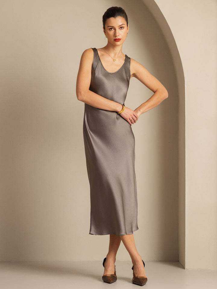 Pure Silk Sleeveless U Neck Midi Dress