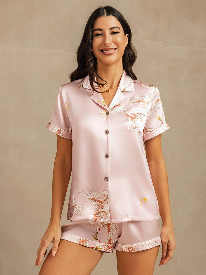 19Momme Women's Pure Silk Crane Print Short Sleeve Notch Collar Pyjamas Set