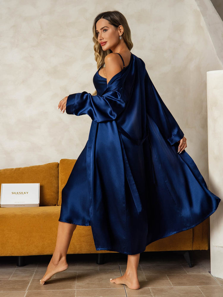 Pure Silk V-Neck Midi Nightdress & Dressing Gown Set 2Pcs