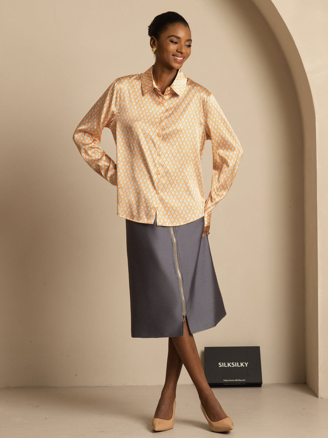 19Momme Silk Geometric Print Long Sleeve Lapel Collar Women's Shirt