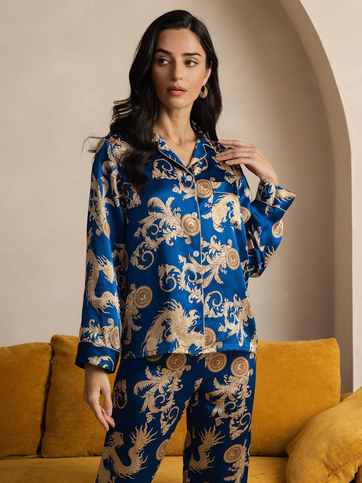 Pure Silk Dragon Print Long Sleeve Notch Collar Women's Pyjamas Set With Pants