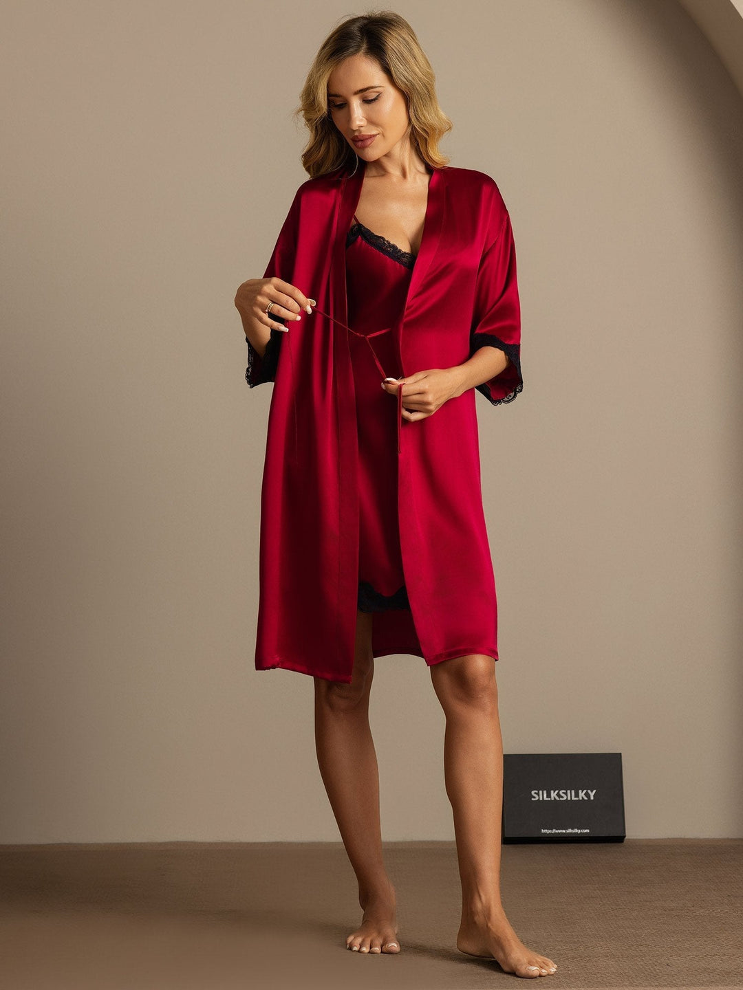 Pure Silk Basic Lace Trimmed Split Nightdress&Dressing gowns 2Pcs