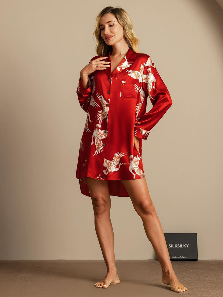 19Momme Pure Silk Crane Print Nightshirt with High-Low Hem