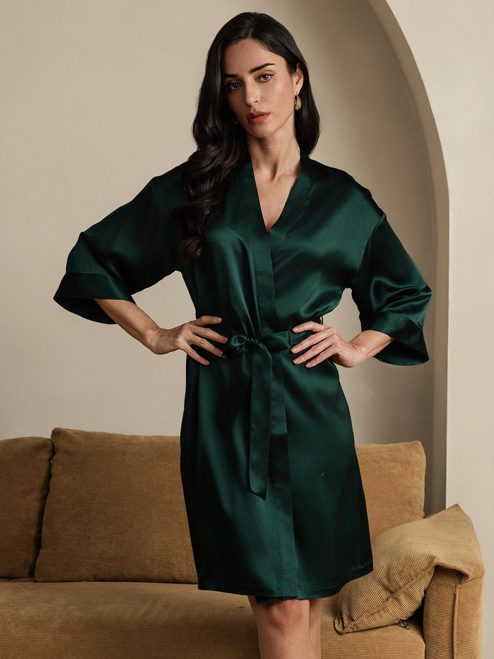 Pure Silk 3/4 Sleeve Women's Kimono Wrap Dressing Gown