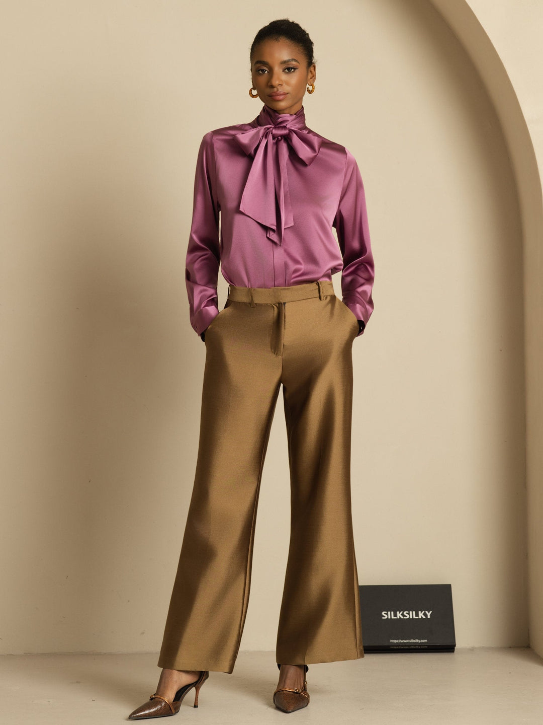 19Momme Silk Long Sleeve High Neck Bow Tie Blouse