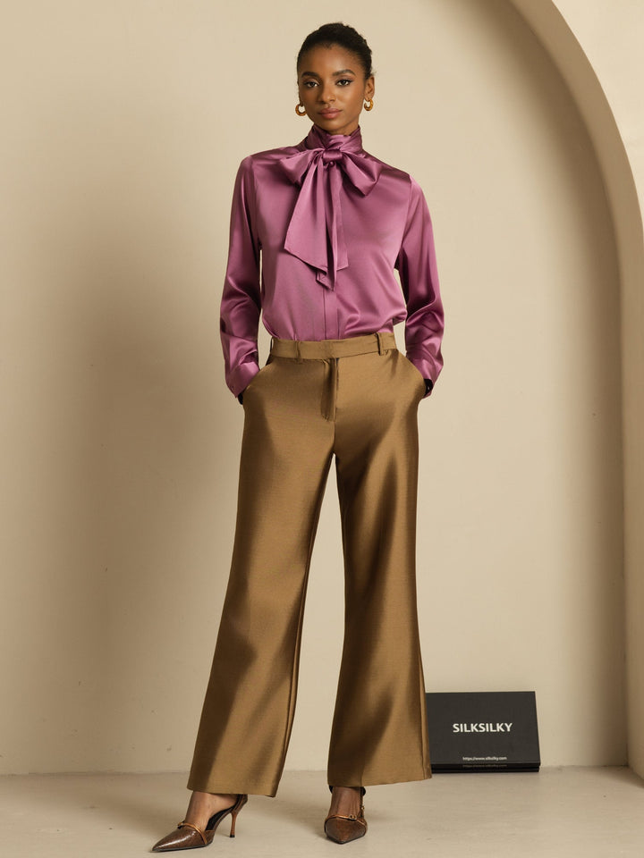 19Momme Silk Long Sleeve High Neck Bow Tie Blouse