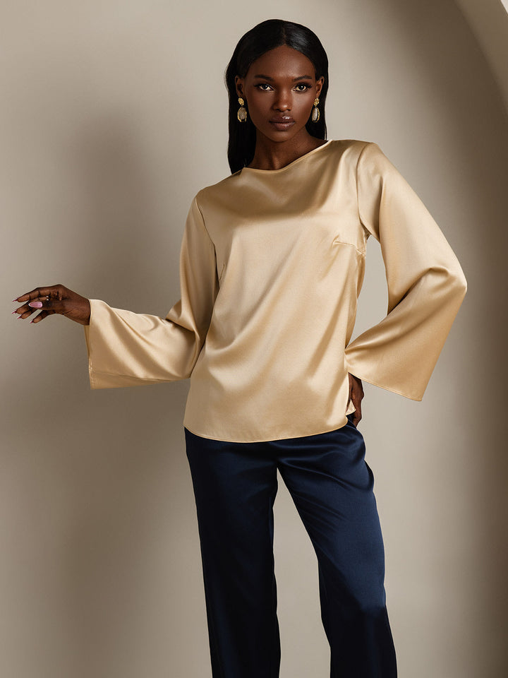 19Momme Silk Bell Sleeve Boat Neck Women's Top