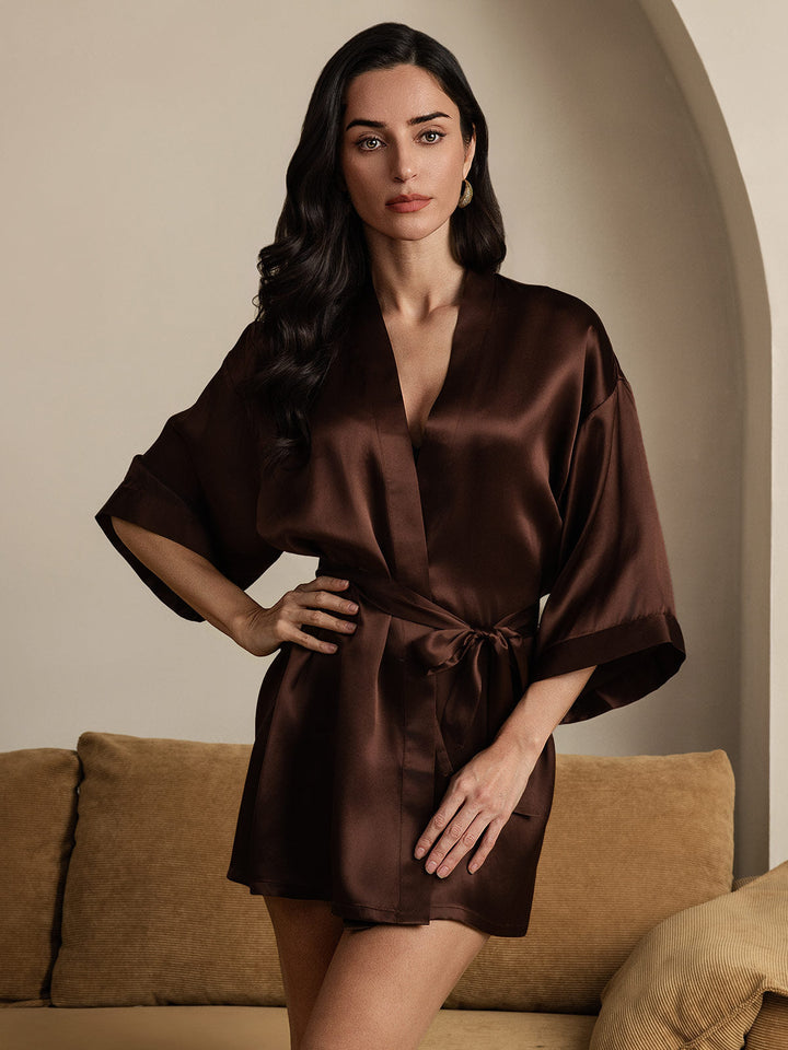 Pure Silk 3/4 Sleeve Short Women's Kimono Dressing Gown with Wrap Design