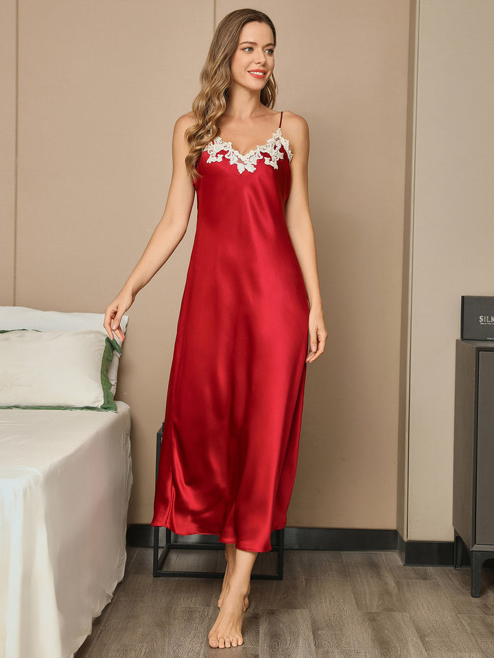 19Momme Pure Silk Spaghetti Strap Midi Dress with Lace V-Back Design
