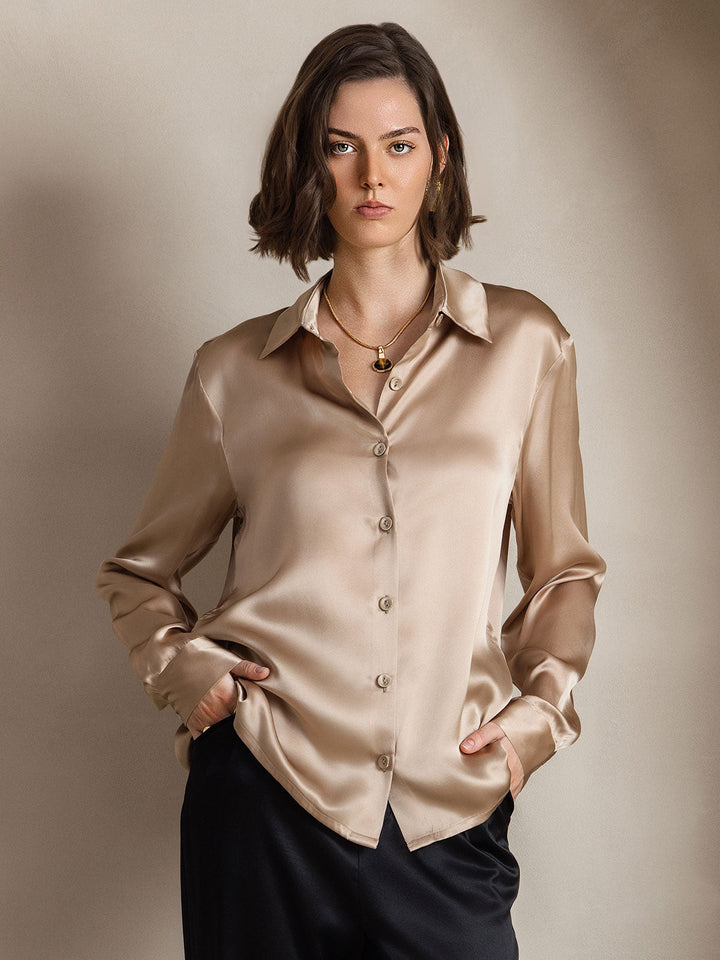 19Momme Silk Long Sleeve Lapel Collar Women's Shirt