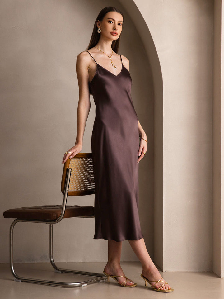 Pure Silk Spaghetti Strap V Neck Midi Dress