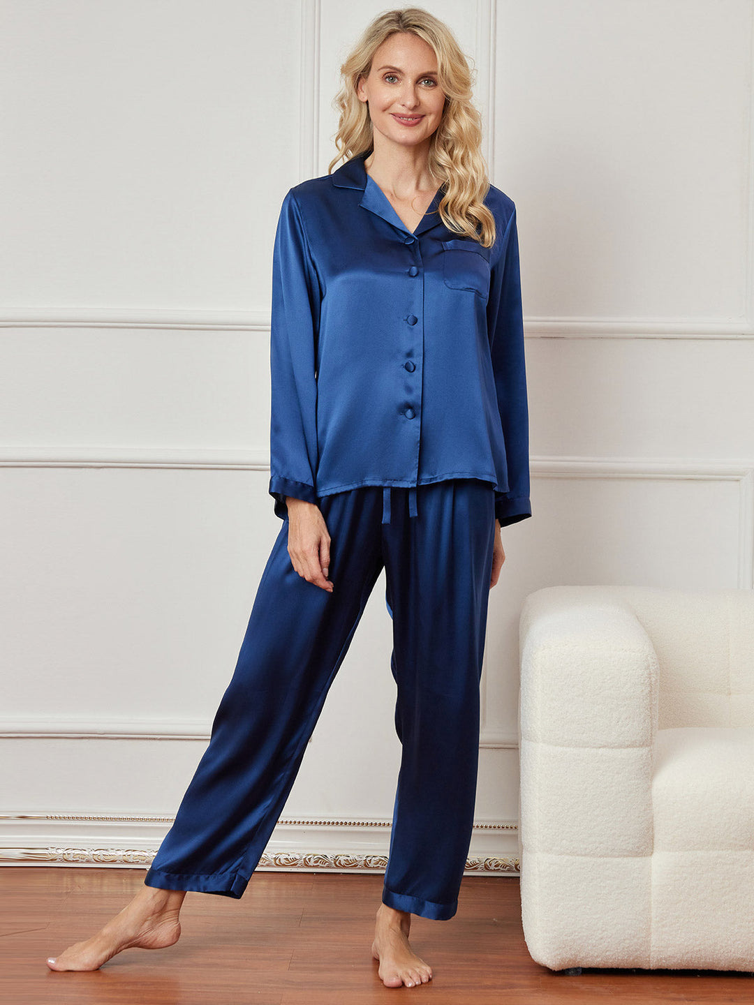 Pure Silk Long Sleeve Notch Collar Button Up Women's Pyjamas Set