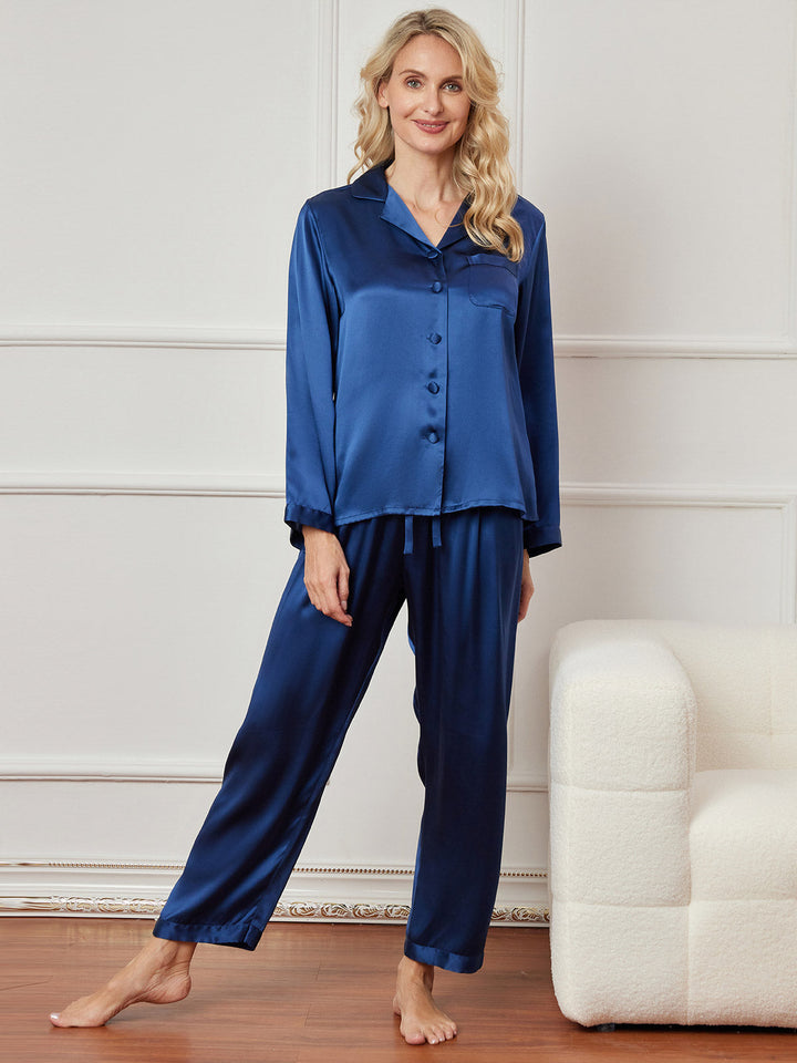 Pure Silk Long Sleeve Notch Collar Button Up Women's Pyjamas Set