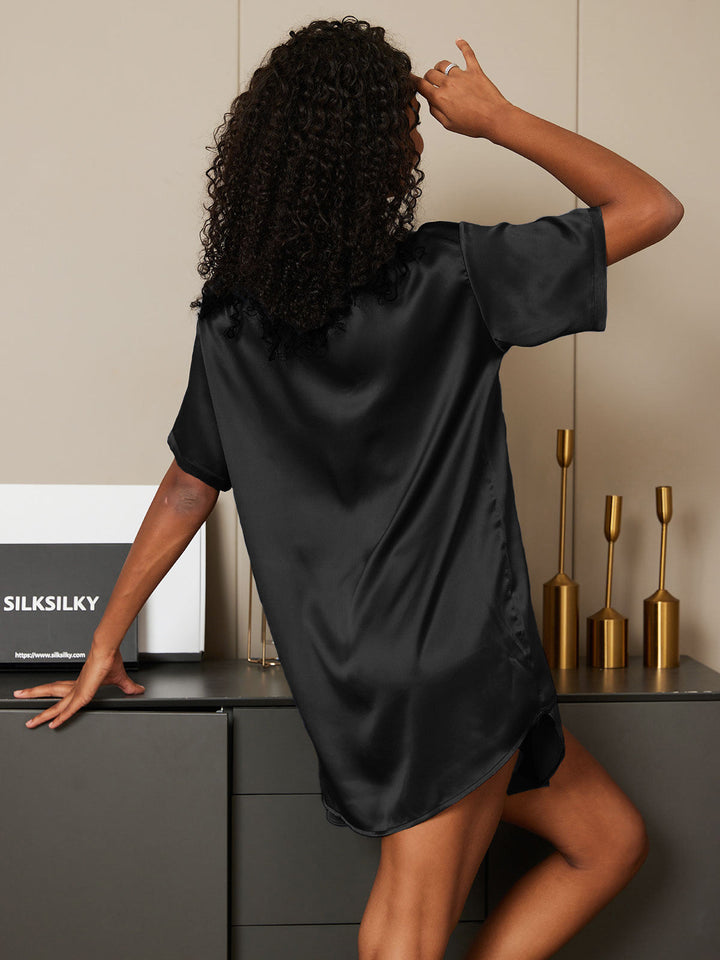 Women's Pure Silk Short Sleeve Round Neck Above the Knee Pyjamas Set