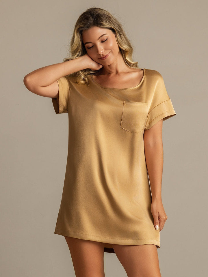 19Momme Washable Silk Short Sleeve Round Neck Short Nightdress