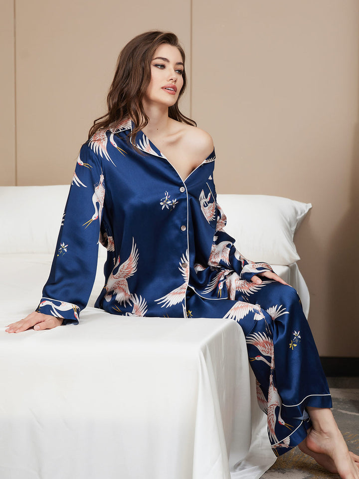 19Momme Women's Pure Silk Crane Print Long Sleeve Pyjamas Set