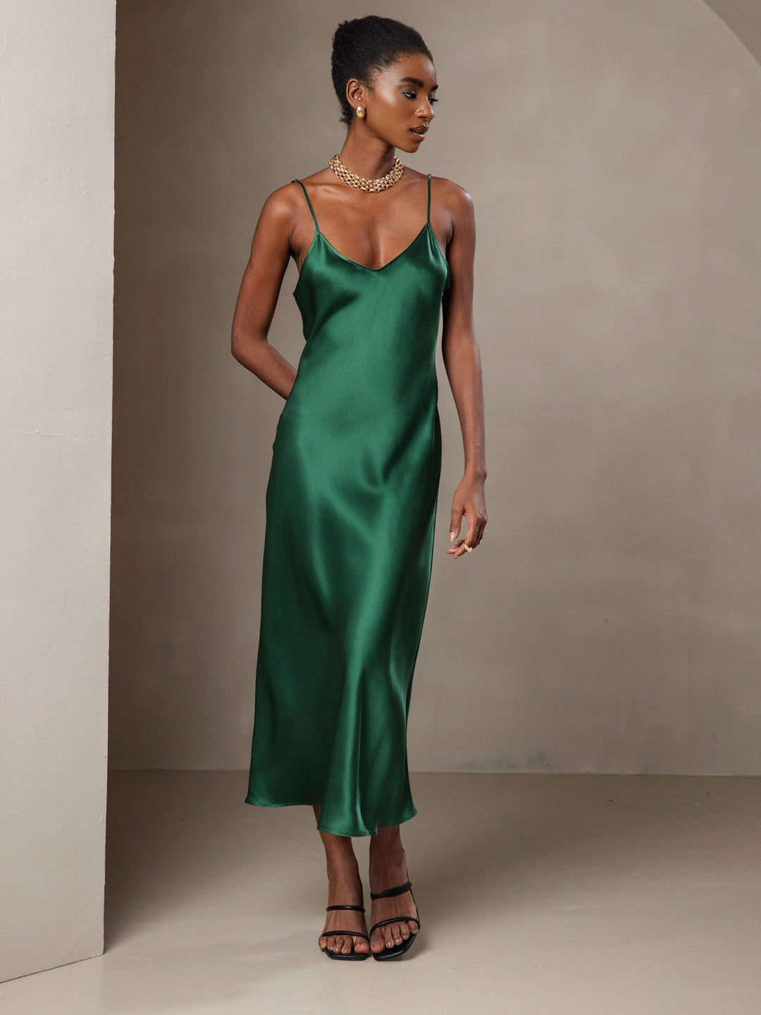 Pure Silk Spaghetti Strap V Neck Midi Dress