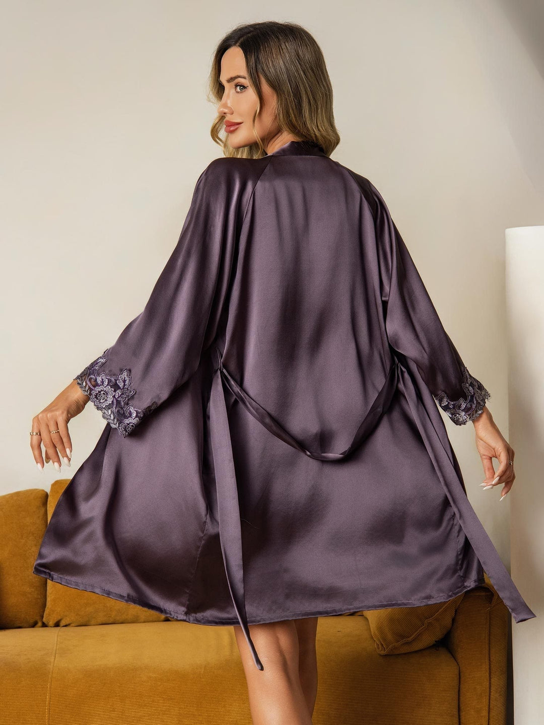 Elegant Pure Silk Lace Trimmed Robe and Camisole Set 3Pcs