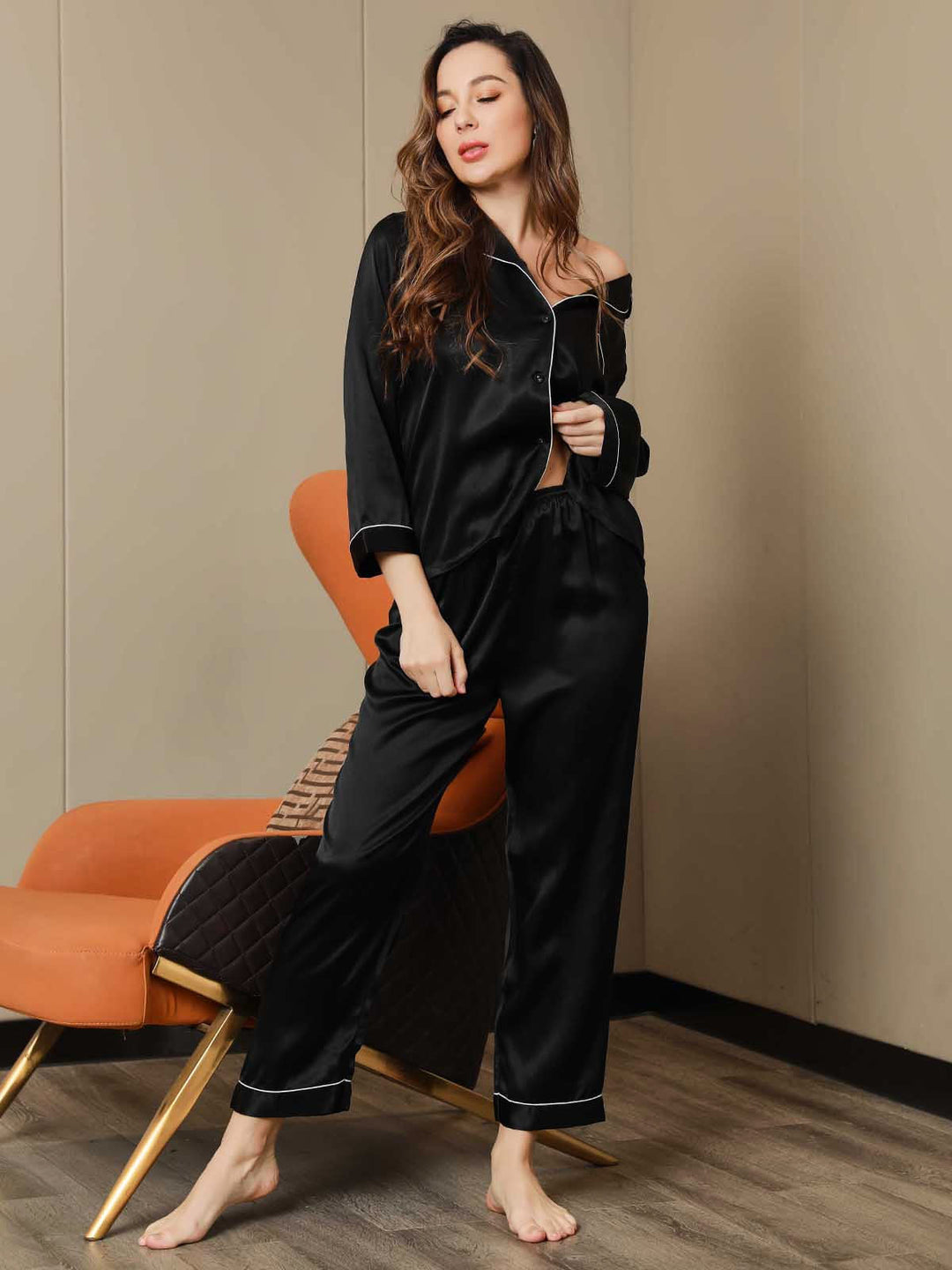 Women's Pure Silk Long Sleeve Notch Collar Pyjamas Set
