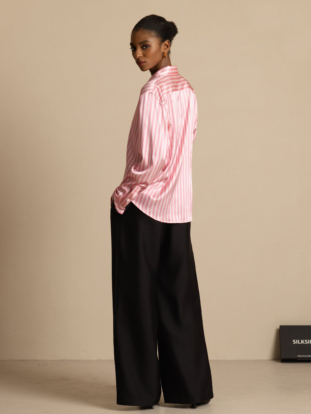 19Momme Silk Stripe Print Long Sleeve Lapel Collar Women's Shirt
