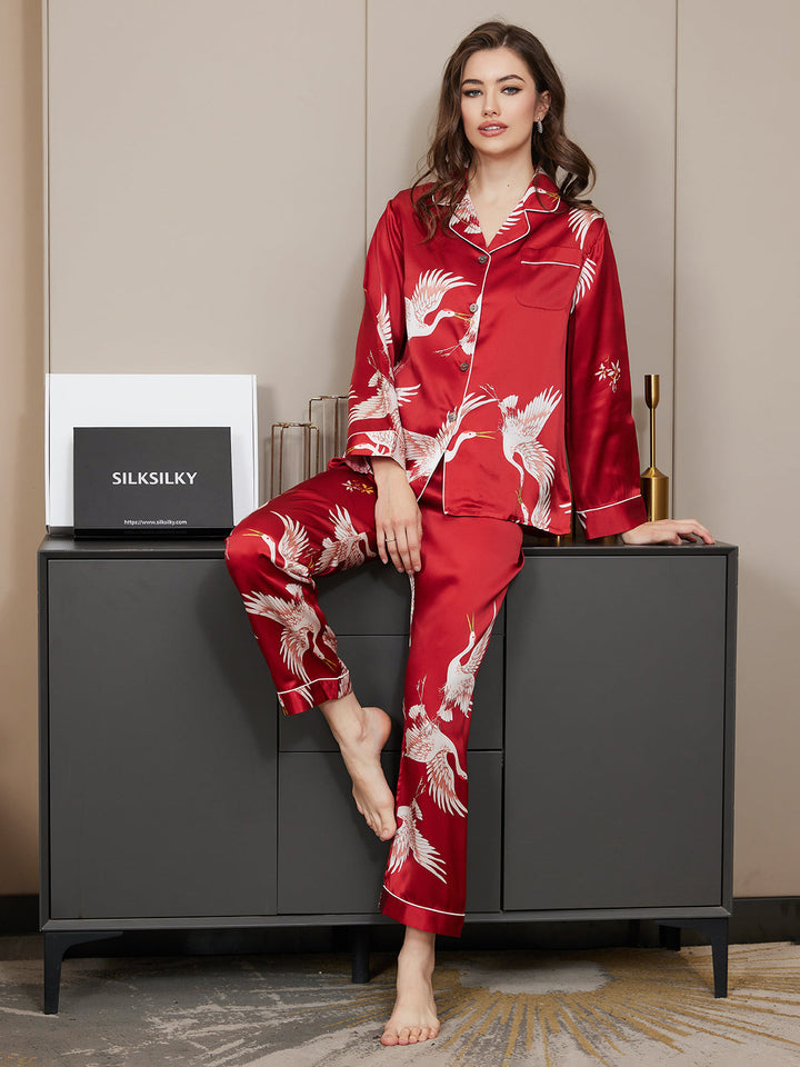 19Momme Pure Silk Crane Print Women's Long Sleeve Notch Collar Pyjamas Set