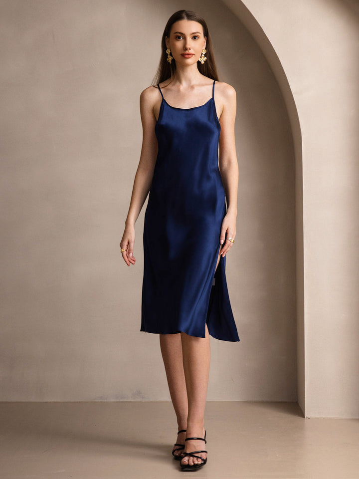 Pure Silk Spaghetti Strap U Neck Knee Dress with Split Criss Cross V-Back Design