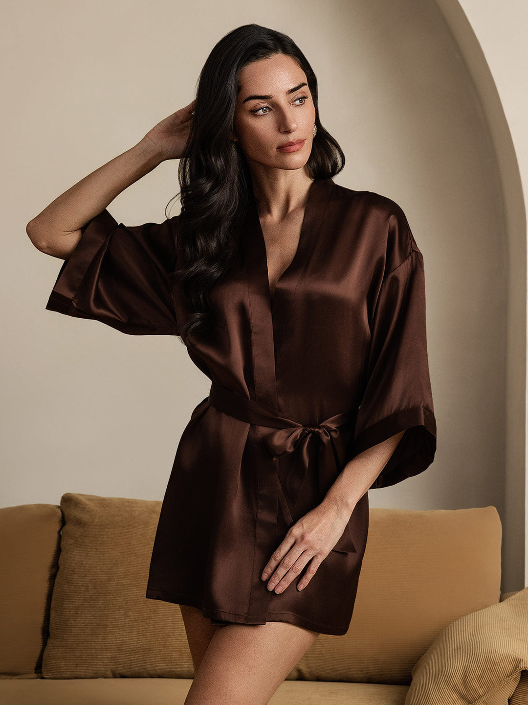 Pure Silk Short Women's Kimono Dressing Gown with Wrap Design