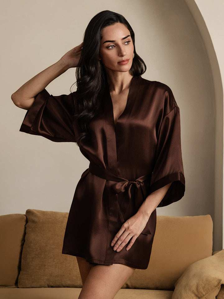 Pure Silk 3/4 Sleeve Short Women's Kimono Dressing Gown with Wrap Design