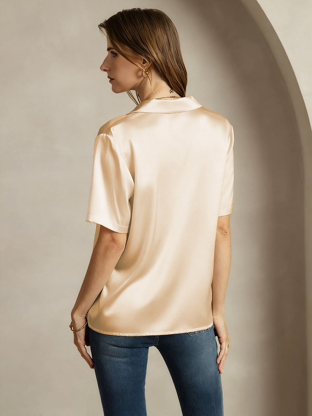 19Momme Silk Short Sleeve Notched Lapel Women's Shirt with Button Up Design