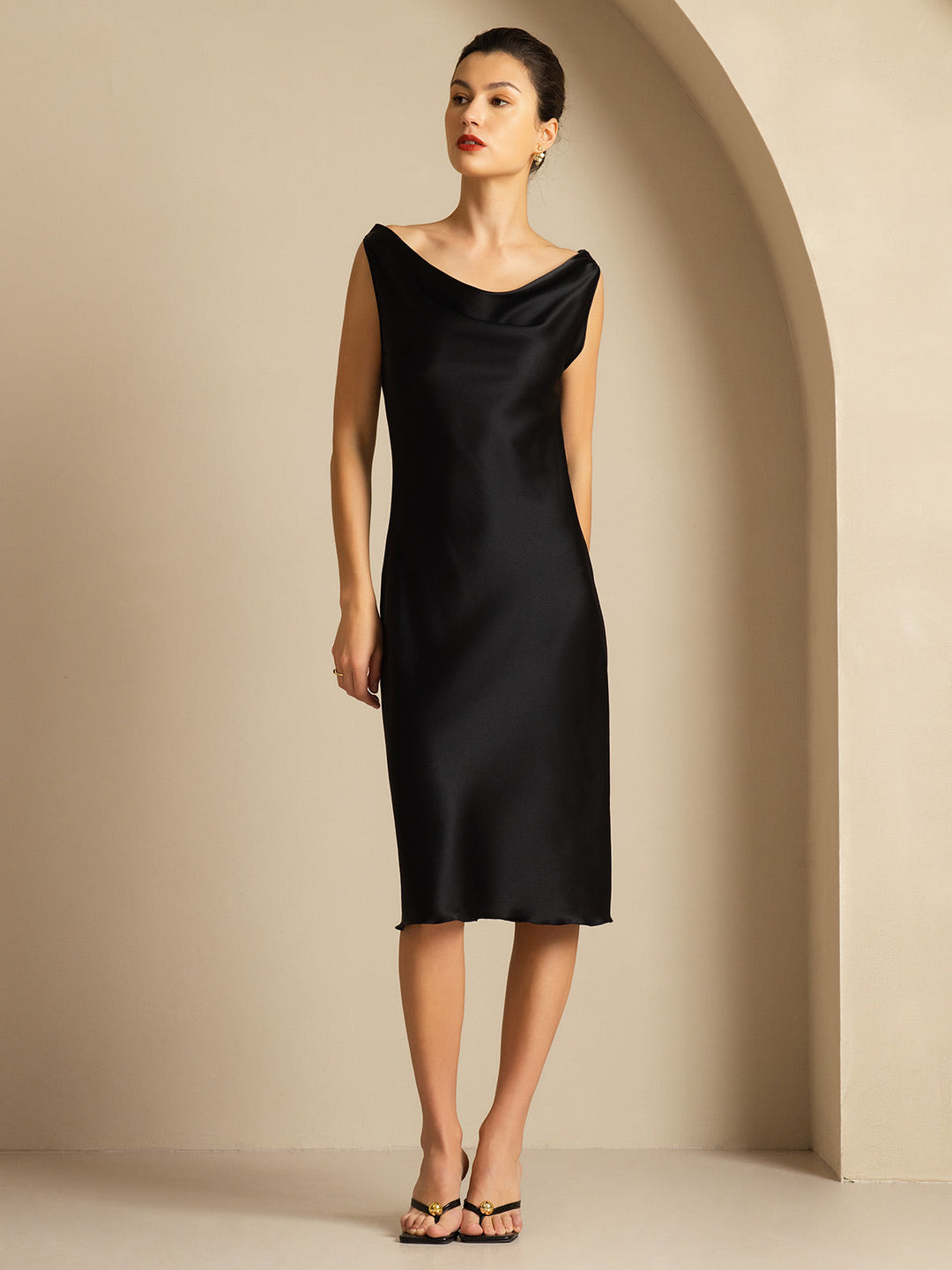 19Momme Silk Sleeveless Cowl Neck Knee Dress