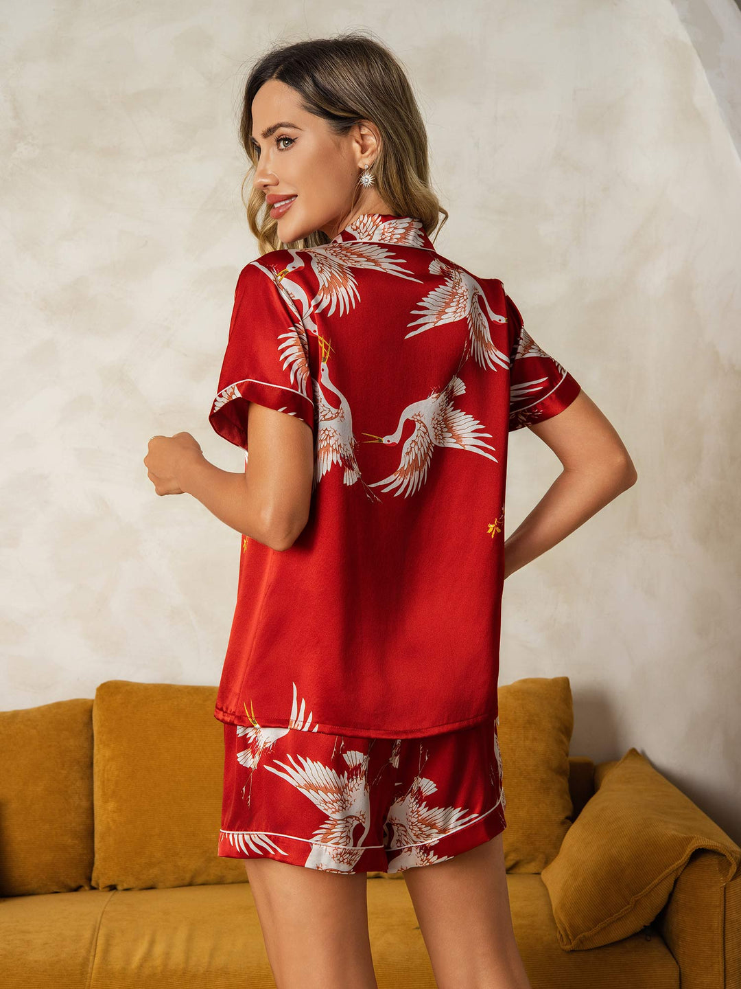 19Momme Pure Silk Crane Print Short Sleeve Notch Collar Women's Pyjamas Set