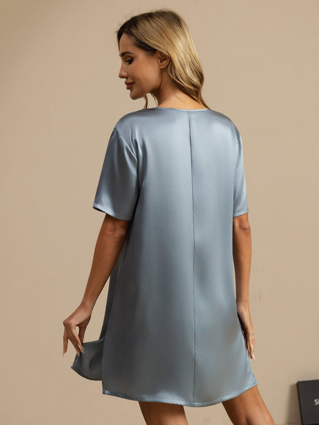 Pure Silk Half Sleeve V-neck Short Nightdress with Split Design