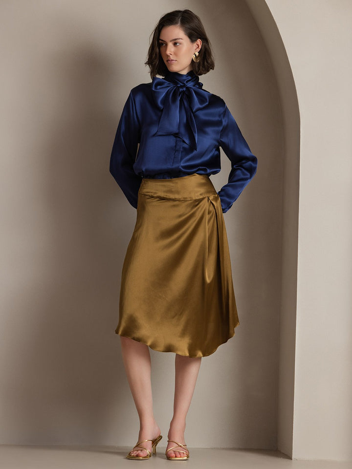 19Momme Silk Long Sleeve High Neck Bow Tie Blouse