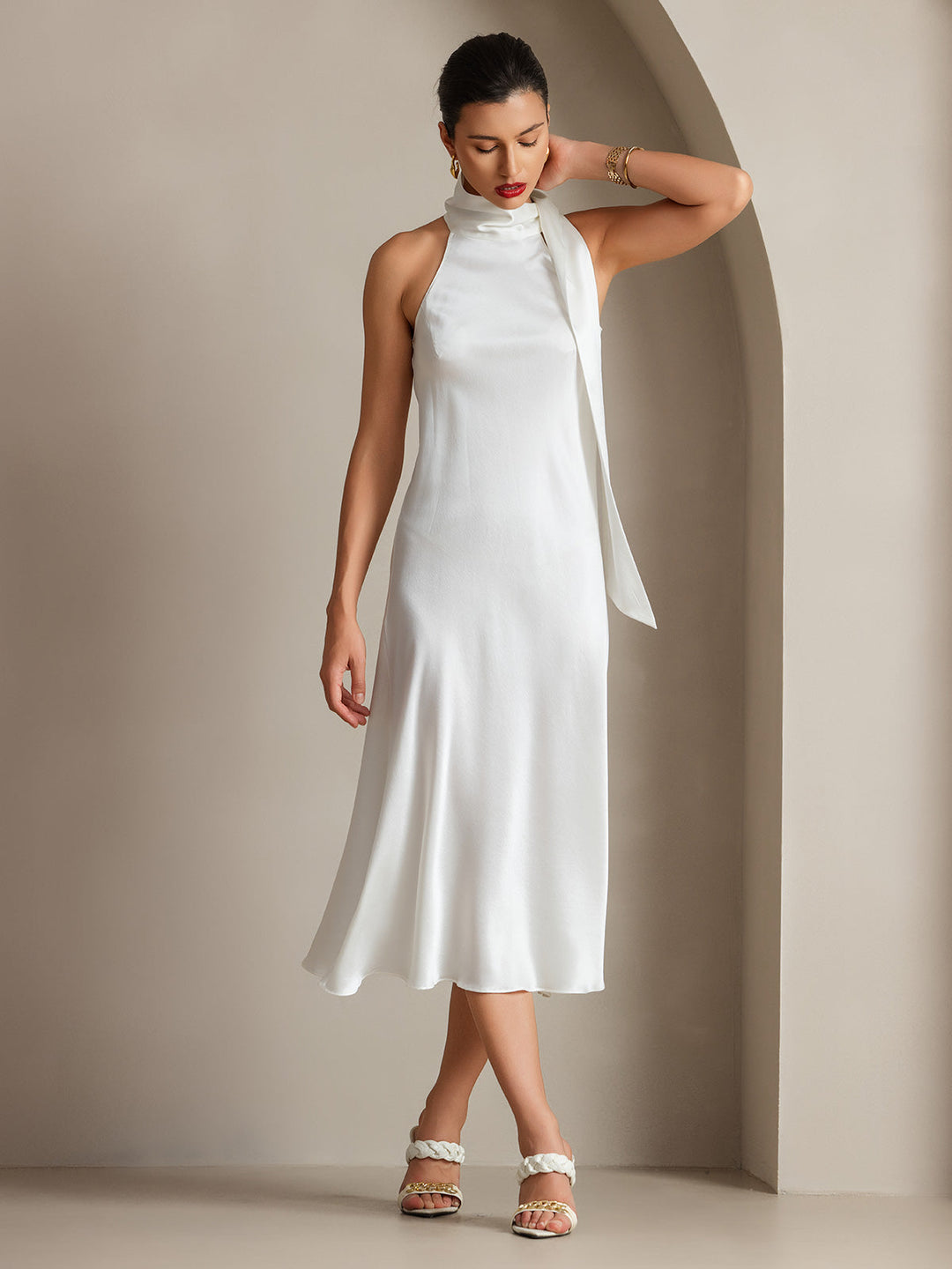 19Momme Silk Sleeveless Tie Neck Midi Dress